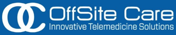 The image features the logo for OffSite Care. It includes two overlapping circles to the left, with the text "OffSite Care" in large white letters to the right and "Innovative Telemedicine Solutions" in smaller white letters below, all on a blue background.