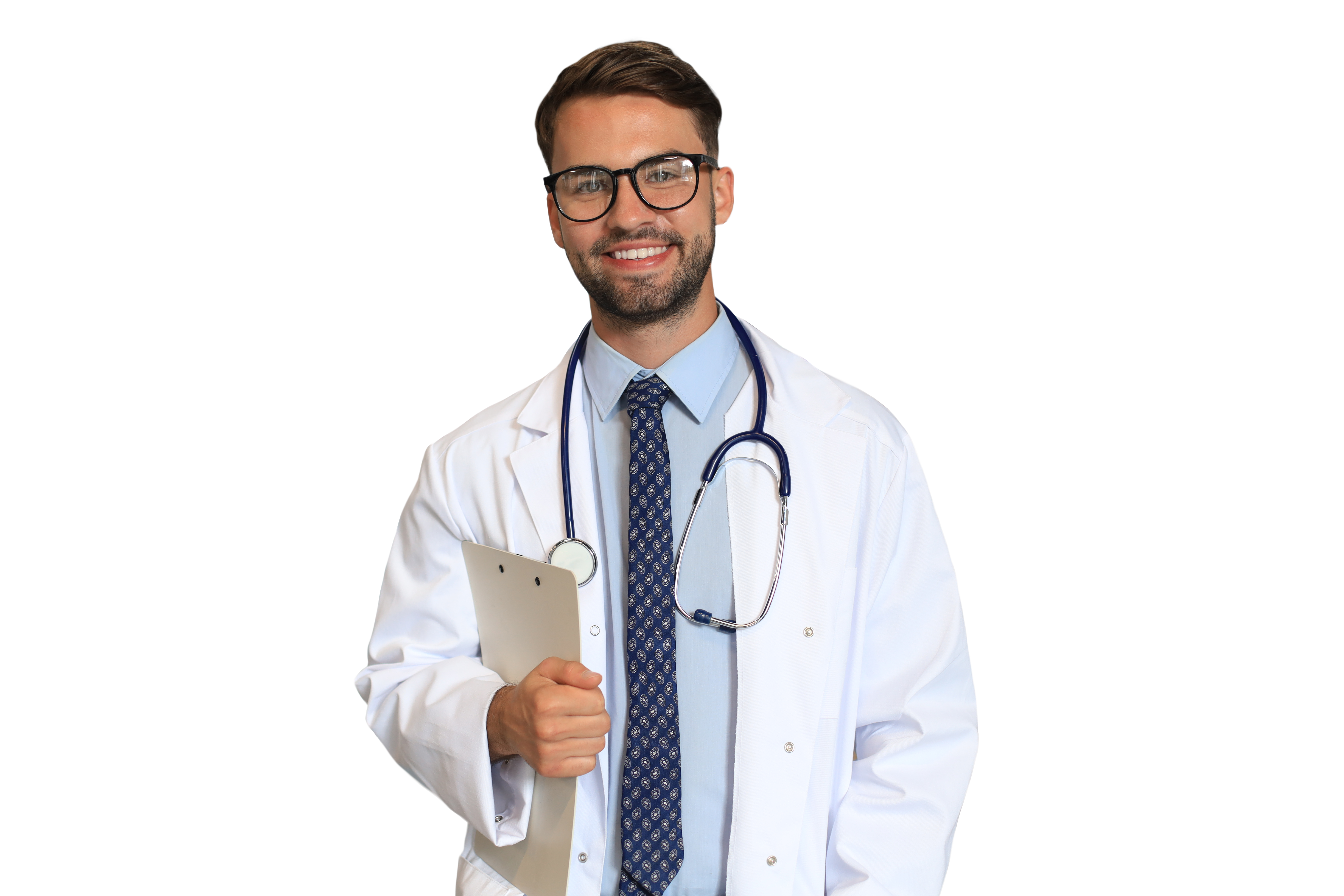 A young male doctor in a white lab coat with a stethoscope around his neck holding a clipboard.