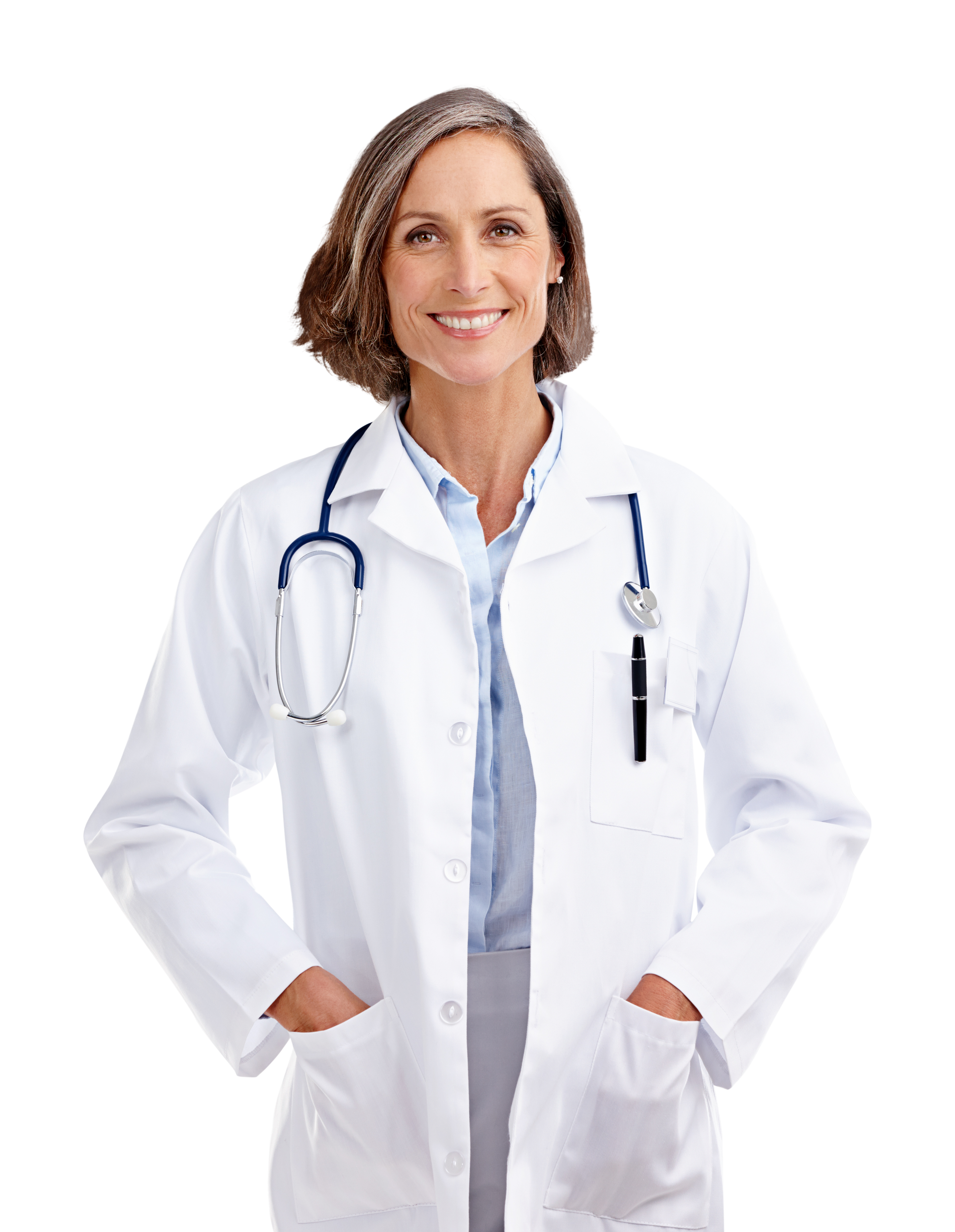 A doctor in a white lab coat with a stethoscope around her neck with her hands in her coat pockets