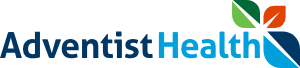 Logo of Adventist Health. The text "Adventist Health" is in blue, with "Adventist" in a darker shade and "Health" in a lighter shade. To the upper right of the text, there are four stylized leaves in green, blue, and red hues creating a vibrant design.