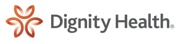 The image shows the logo of Dignity Health. It includes an orange, abstract flower-like symbol consisting of five curved, teardrop shapes arranged in a circular pattern. To the right of the symbol, the words "Dignity Health" are written in gray, sans-serif font.